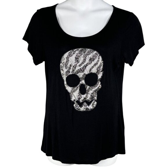 Black Skull 3D Graphic T-Shirt Womens XL Goth Biker Punk Edgy Alternative Top - Picture 1 of 13